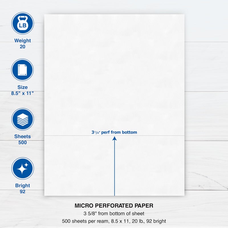PrintWorks Professional 3 5/8" Horizontal Perforated Paper 8.5â€ x 11â€ - Perfect For W-2, 1099, & Statement Use - Made in the USA - 500 Sheets - 24 lb - Printer Compatible - White (04134) - Image 3
